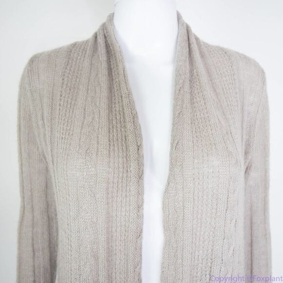 Cynthia Rowley wool blend open front shark bite hem light brown cardigan, L - Picture 4 of 15